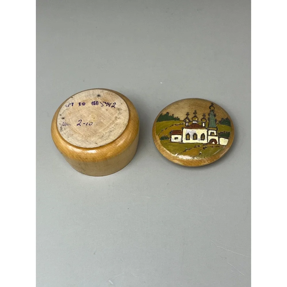 VTG USSR Wood Hand Painted Lidded Trinket Box 1.75